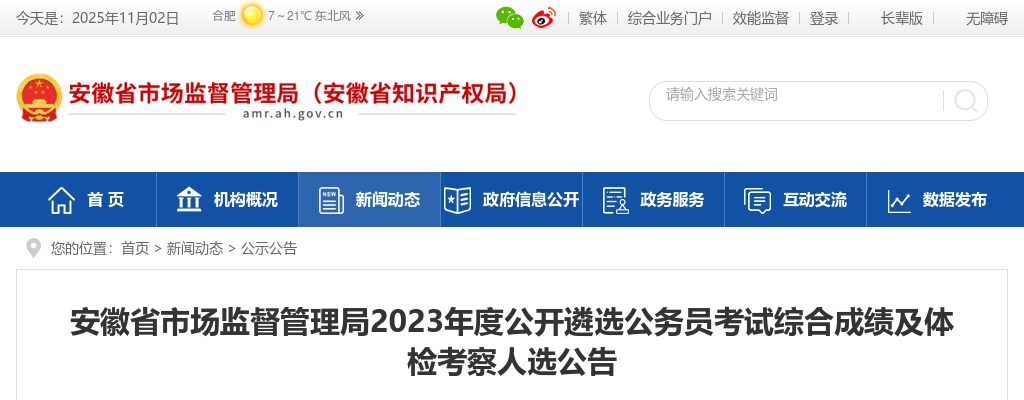 2023安徽省市场监督管理局遴选公务员考试综合成绩及体检考察人选公告 图片